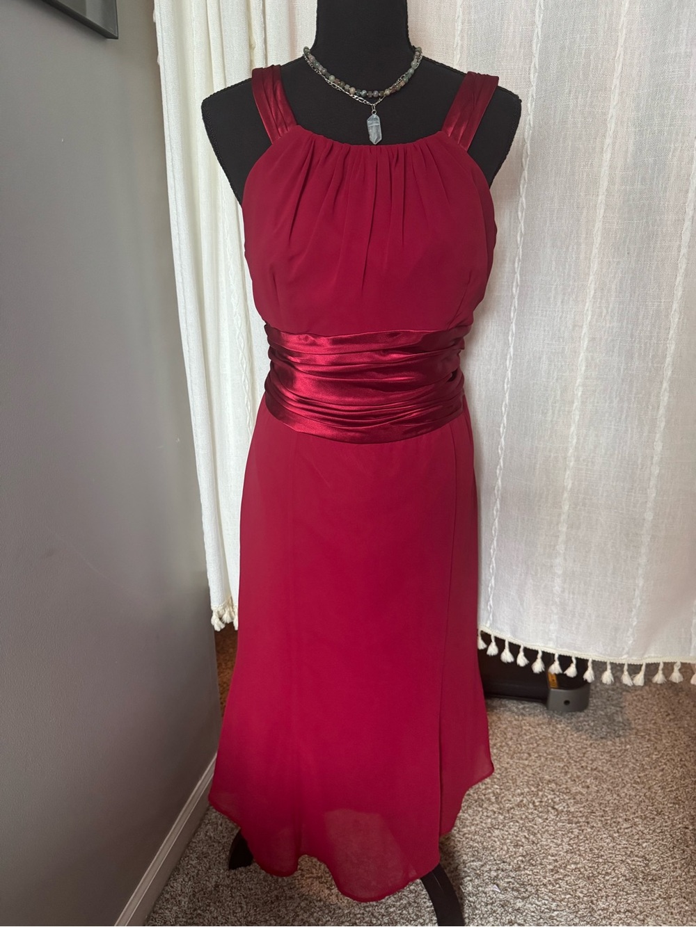 David's Bridal Wine Red Sleeveless Midi Dress with Satin Waistband